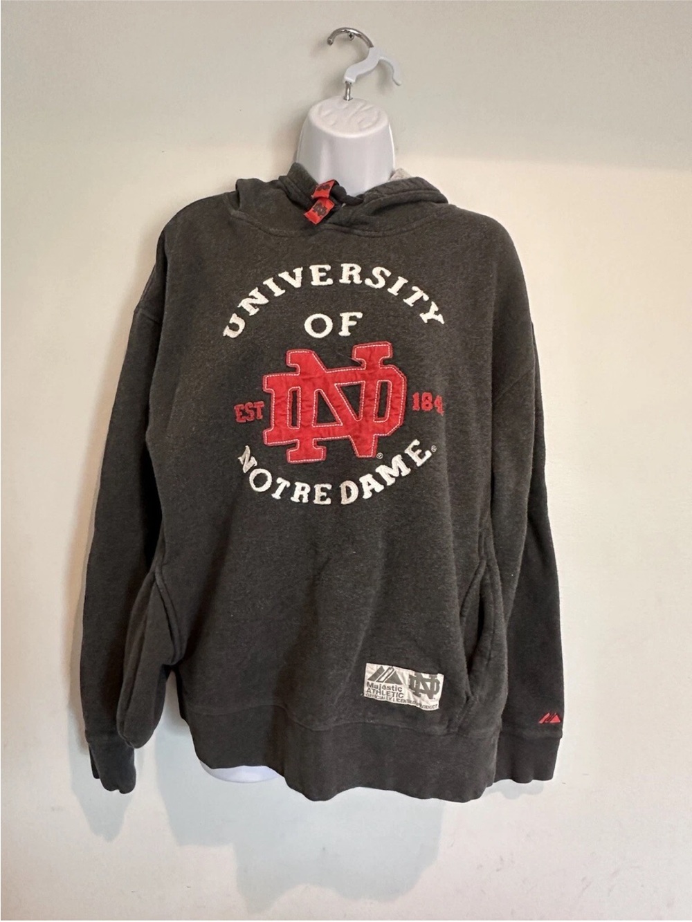 Majestic Notre Dame Dark Gray Pullover Hoodie with Red Logo
